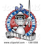 Vector Illustration of a Cartoon Lancer Mascot Holding up a Lance in a Circle Logo with One Team, One Game, One Goal Text by Mascot Junction