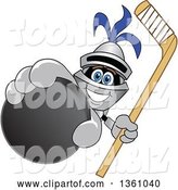 Vector Illustration of a Cartoon Lancer Mascot Holding up a Stick and a Hockey Puck by Mascot Junction