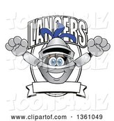 Vector Illustration of a Cartoon Lancer Mascot Leaping out of a Shield with Text and a Blank Banner by Mascot Junction