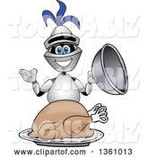 Vector Illustration of a Cartoon Lancer Mascot Serving a Roasted Thanksgiving Turkey by Mascot Junction