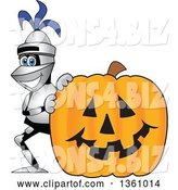 Vector Illustration of a Cartoon Lancer Mascot Smiling by a Halloween Jackolantern Pumpkin by Mascot Junction