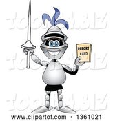 Vector Illustration of a Cartoon Lancer Mascot Student Holding up a Lance and a Report Card by Mascot Junction