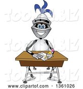 Vector Illustration of a Cartoon Lancer Mascot Student Writing at a Desk by Mascot Junction