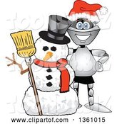Vector Illustration of a Cartoon Lancer Mascot Wearing a Santa Hat and Smiling by a Christmas Snowman by Mascot Junction