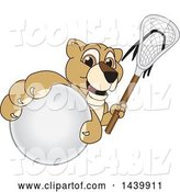 Vector Illustration of a Cartoon Lion Cub School Mascot Grabbing a Lacrosse Ball and Holding a Stick by Mascot Junction