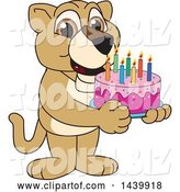 Vector Illustration of a Cartoon Lion Cub School Mascot Holding a Birthday Cake by Mascot Junction