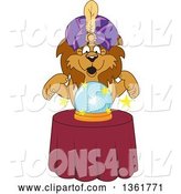Vector Illustration of a Cartoon Lion Mascot Fortune Teller Looking into a Crystal Ball, Symbolizing Being Proactive by Mascot Junction