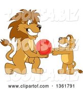 Vector Illustration of a Cartoon Lion Mascot Giving a Ball to a Cub, Symbolizing Compassion by Mascot Junction