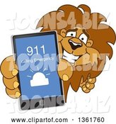 Vector Illustration of a Cartoon Lion Mascot Holding up a Smart Phone and Calling an Emergency Number, Symbolizing Safety by Mascot Junction