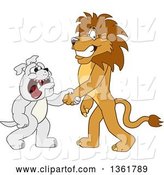 Vector Illustration of a Cartoon Lion Mascot Shaking Hands with a Bulldog, Symbolizing Acceptance by Mascot Junction