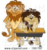 Vector Illustration of a Cartoon Lion Mascot Standing by a Worried Student, Symbolizing Compassion by Mascot Junction