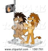 Vector Illustration of a Cartoon Lion Mascot Stopping Another from Using a Crosswalk at the Wrong Time, Symbolizing Safety by Mascot Junction