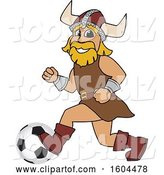 Vector Illustration of a Cartoon Male Viking School Mascot Playing Soccer by Mascot Junction