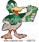 Vector Illustration of a Cartoon Mallard Duck School Mascot Holding Cash Money by Mascot Junction