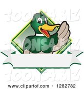 Vector Illustration of a Cartoon Mallard Duck School Mascot Waving over a Blank Banner and Diamond by Mascot Junction