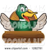 Vector Illustration of a Cartoon Mallard Duck School Mascot Welcoming over a Wooden Sign by Mascot Junction