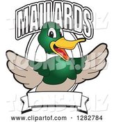 Vector Illustration of a Cartoon Mallard Duck School Mascot Welcoming with Text over an Oval and Blank Banner by Mascot Junction