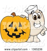 Vector Illustration of a Cartoon Navy Bean Mascot by a Halloween Jackolantern Pumpkin by Mascot Junction