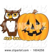 Vector Illustration of a Cartoon Owl School Mascot with a Halloween Pumpkin by Mascot Junction