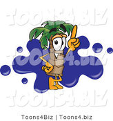 Vector Illustration of a Cartoon Palm Tree Mascot Pointing Upwards and Standing in Front of a Blue Paint Splatter on a Travel Business Logo by Mascot Junction