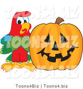 Vector Illustration of a Cartoon Parrot Mascot with a Pumpkin by Mascot Junction