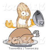 Vector Illustration of a Cartoon Peanut Mascot Serving a Roasted Turkey by Mascot Junction