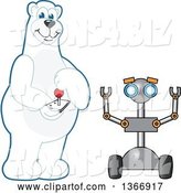 Vector Illustration of a Cartoon Polar Bear School Mascot Controlling a Robot by Mascot Junction