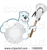 Vector Illustration of a Cartoon Polar Bear School Mascot Grabbing a Ball and Holding a Lacrosse Stick by Mascot Junction