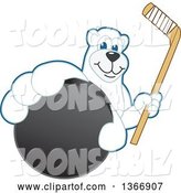 Vector Illustration of a Cartoon Polar Bear School Mascot Grabbing a Puck and Holding a Hockey Stick by Mascot Junction