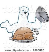 Vector Illustration of a Cartoon Polar Bear School Mascot Serving a Roasted Thanksgiving Turkey by Mascot Junction