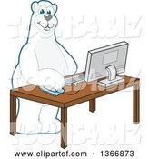 Vector Illustration of a Cartoon Polar Bear School Mascot Using a Desktop Computer by Mascot Junction