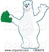 Vector Illustration of a Cartoon Polar Bear School Mascot Waving and Holding Cash Money by Mascot Junction