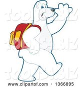 Vector Illustration of a Cartoon Polar Bear School Mascot Wearing a Backpack, Walking and Waving by Mascot Junction