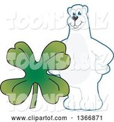 Vector Illustration of a Cartoon Polar Bear School Mascot with a Four Leaf St Patricks Day Clover by Mascot Junction