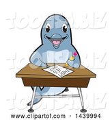 Vector Illustration of a Cartoon Porpoise Dolphin School Mascot Student Taking a Quiz at a Desk by Mascot Junction