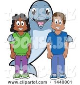 Vector Illustration of a Cartoon Porpoise Dolphin School Mascot with Happy Students by Mascot Junction