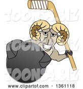 Vector Illustration of a Cartoon Ram Mascot Holding a Stick and Grabbing a Hockey Puck by Mascot Junction