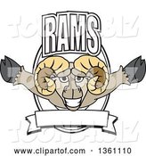 Vector Illustration of a Cartoon Ram Mascot Leaping out of a Shield with Text and a Blank Banner by Mascot Junction