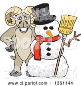 Vector Illustration of a Cartoon Ram Mascot Posing with a Christmas Snowman by Mascot Junction