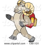 Vector Illustration of a Cartoon Ram Mascot Student Walking with a Backpack by Mascot Junction