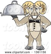 Vector Illustration of a Cartoon Ram Mascot Waiter Holding a Cloche Platter by Mascot Junction