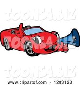 Vector Illustration of a Cartoon Red Convertible Car Mascot Announcing with a Megaphone by Mascot Junction