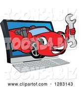 Vector Illustration of a Cartoon Red Convertible Car Mascot Holding a Thumb up and Emerging from a Computer Screen by Mascot Junction