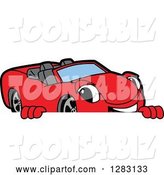 Vector Illustration of a Cartoon Red Convertible Car Mascot Smiling over a Sign by Mascot Junction