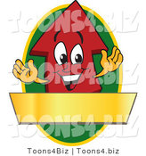 Vector Illustration of a Cartoon Red up Arrow Logo Mascot Above a Blank Gold Banner on a Green Oval by Mascot Junction