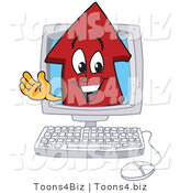 Vector Illustration of a Cartoon Red up Arrow Mascot in a Computer by Mascot Junction