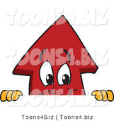 Vector Illustration of a Cartoon Red up Arrow Mascot Looking over a Blank Sign Board by Mascot Junction