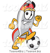 Vector Illustration of a Cartoon Rocket Mascot Playing Soccer by Mascot Junction