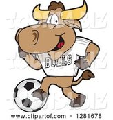 Vector Illustration of a Cartoon School Bull Mascot Athlete Playing Soccer by Mascot Junction