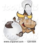 Vector Illustration of a Cartoon School Bull Mascot Holding a Lacrosse Stick and Ball by Mascot Junction